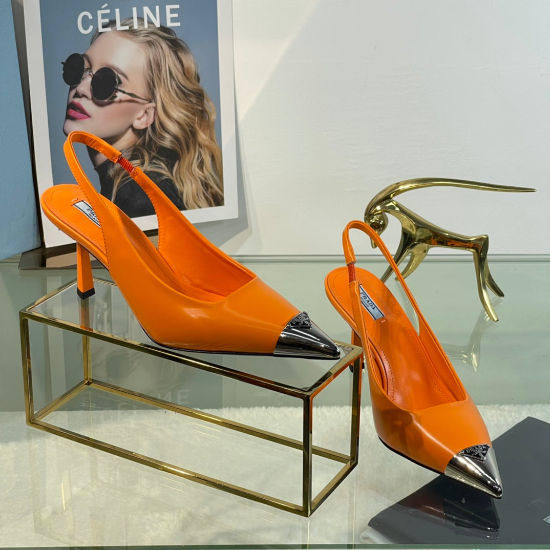 New Prada Exclusive Patent Leather Slingback Heels with Metal Toe Detail