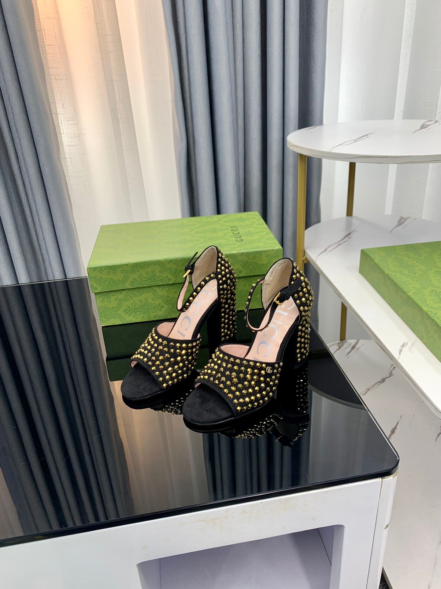 GUCCI 2023 Summer Gold Star Rhinestone Open-Toe Heeled Slides