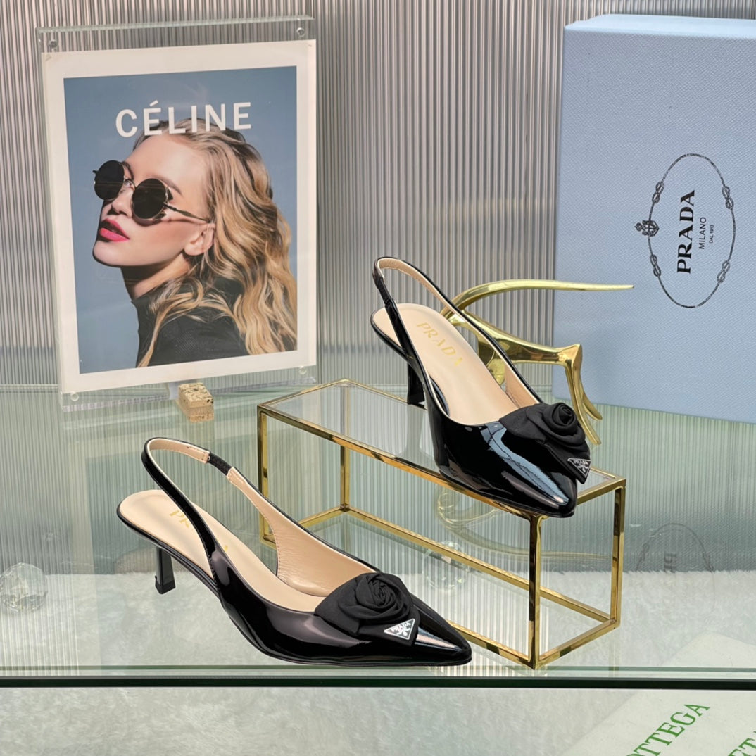 New Prada Exclusive Patent Leather Slingback Heels with Silk Flower Detail