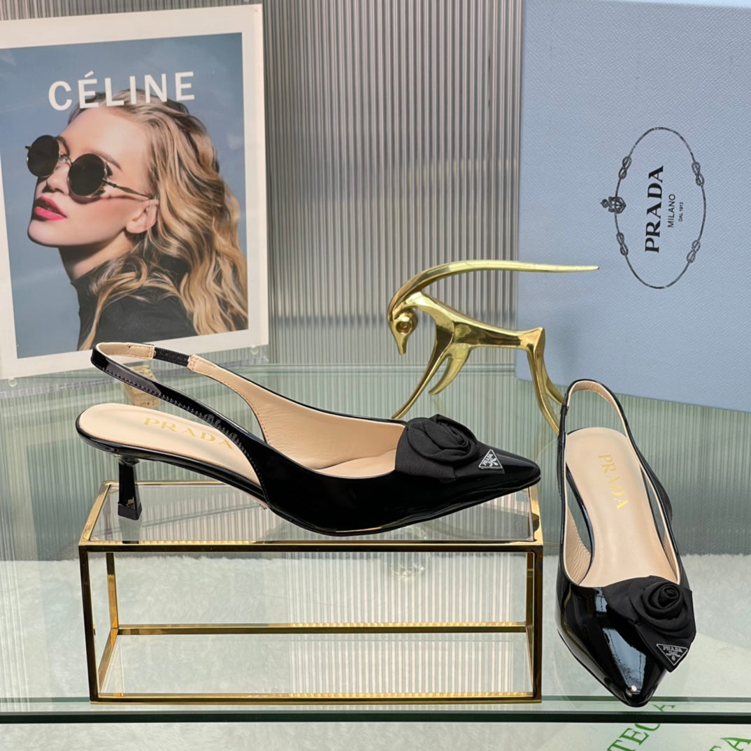 New Prada Exclusive Patent Leather Slingback Heels with Silk Flower Detail
