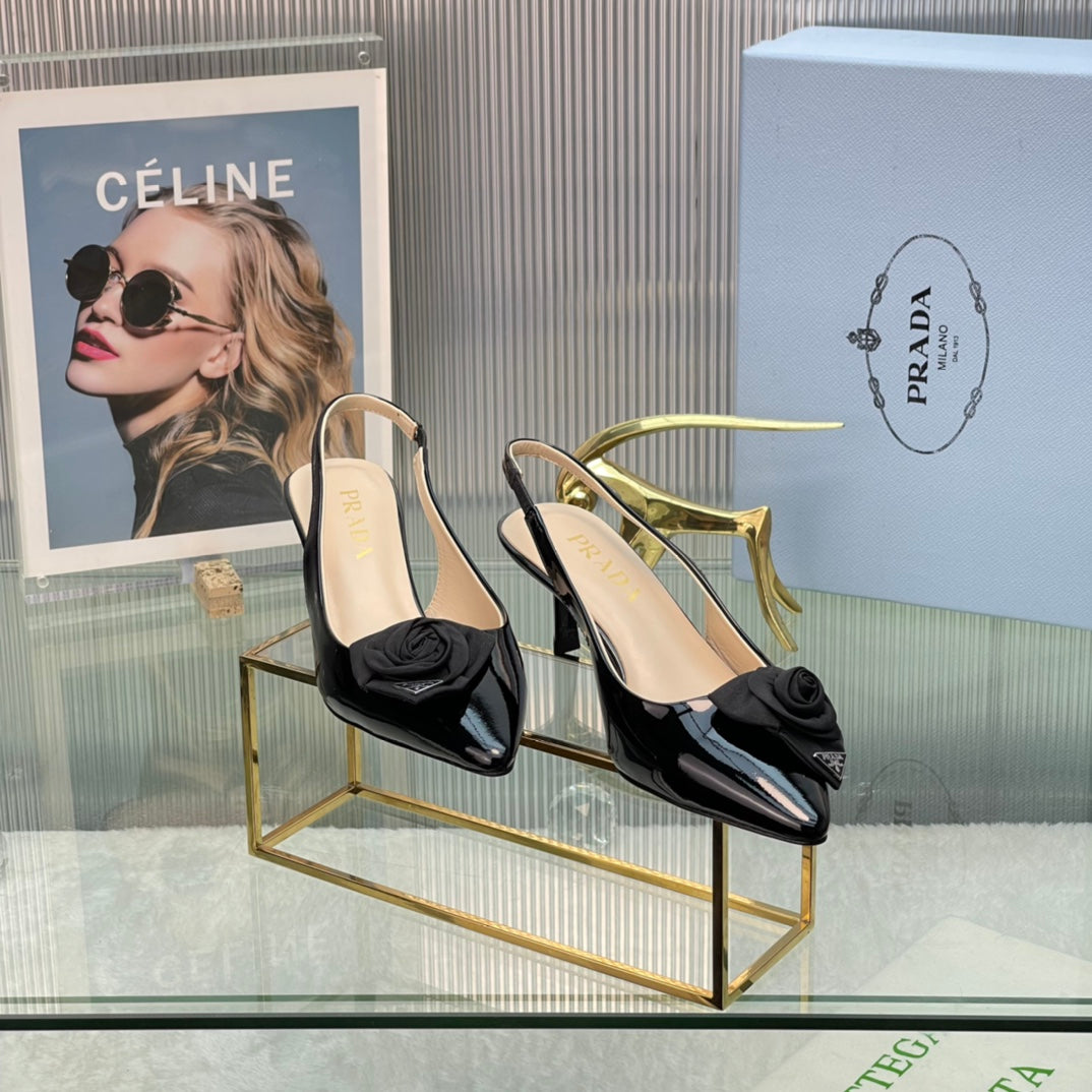 New Prada Exclusive Patent Leather Slingback Heels with Silk Flower Detail