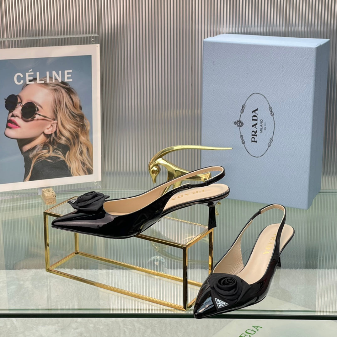 New Prada Exclusive Patent Leather Slingback Heels with Silk Flower Detail