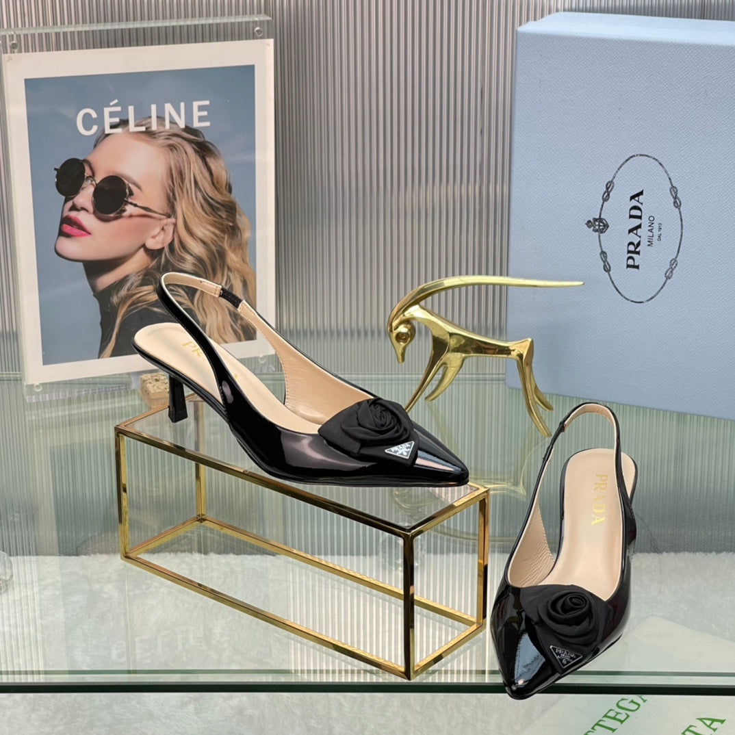 New Prada Exclusive Patent Leather Slingback Heels with Silk Flower Detail