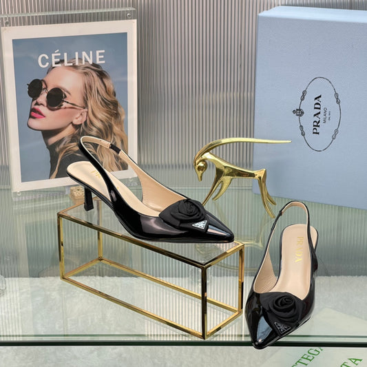New Prada Exclusive Patent Leather Slingback Heels with Silk Flower Detail