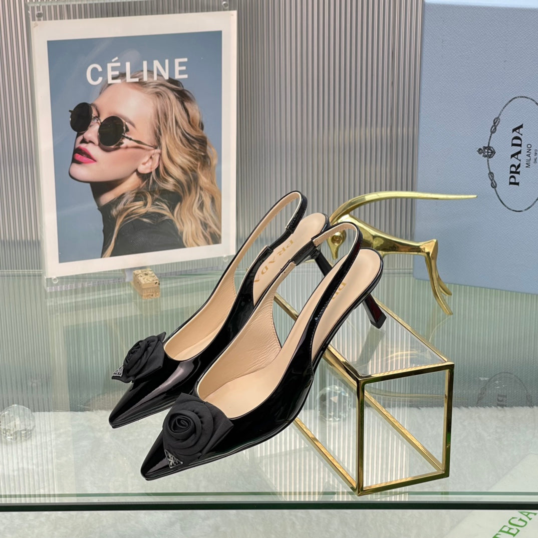 New Prada Exclusive Patent Leather Slingback Heels with Silk Flower Detail