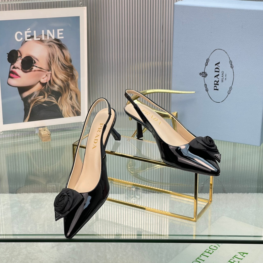 New Prada Exclusive Patent Leather Slingback Heels with Silk Flower Detail