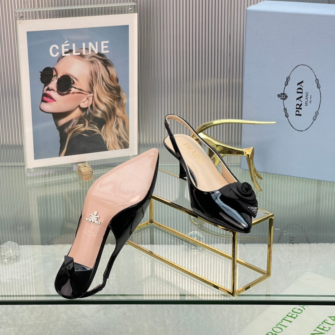 New Prada Exclusive Patent Leather Slingback Heels with Silk Flower Detail