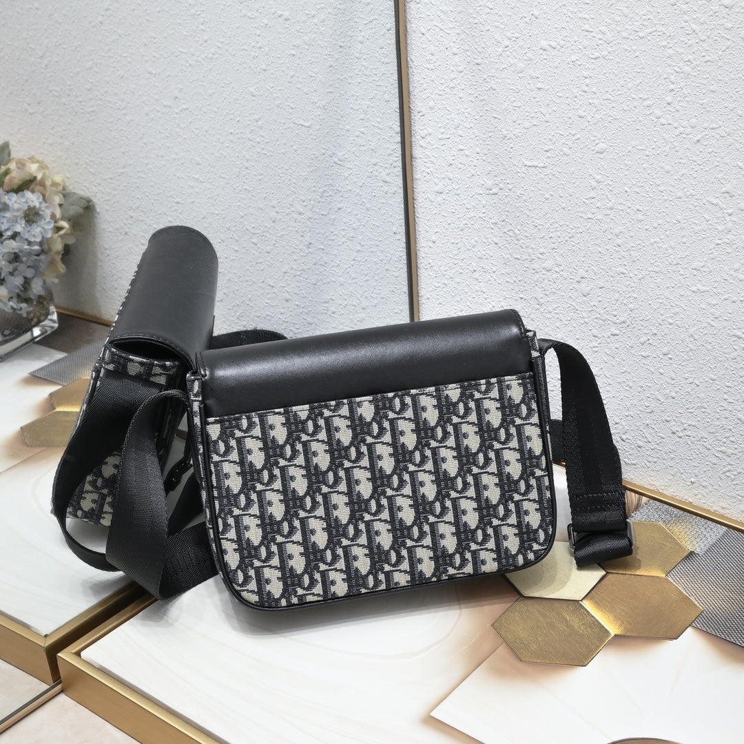 Dior Oblique Men’s Messenger Bag – Black/Gray | Leather Strap Accent | With Box