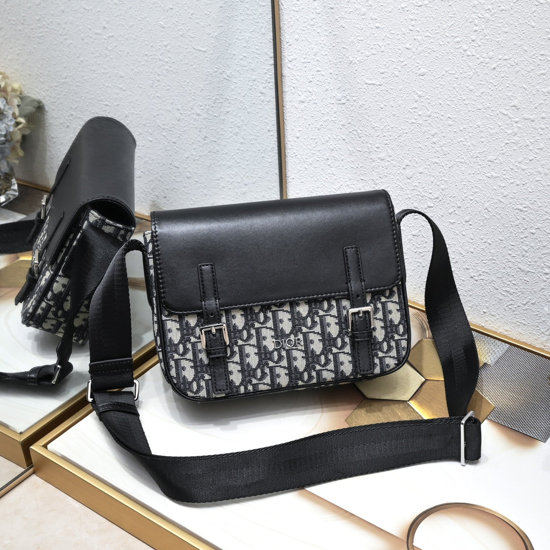 Dior Oblique Men’s Messenger Bag – Black/Gray | Leather Strap Accent | With Box
