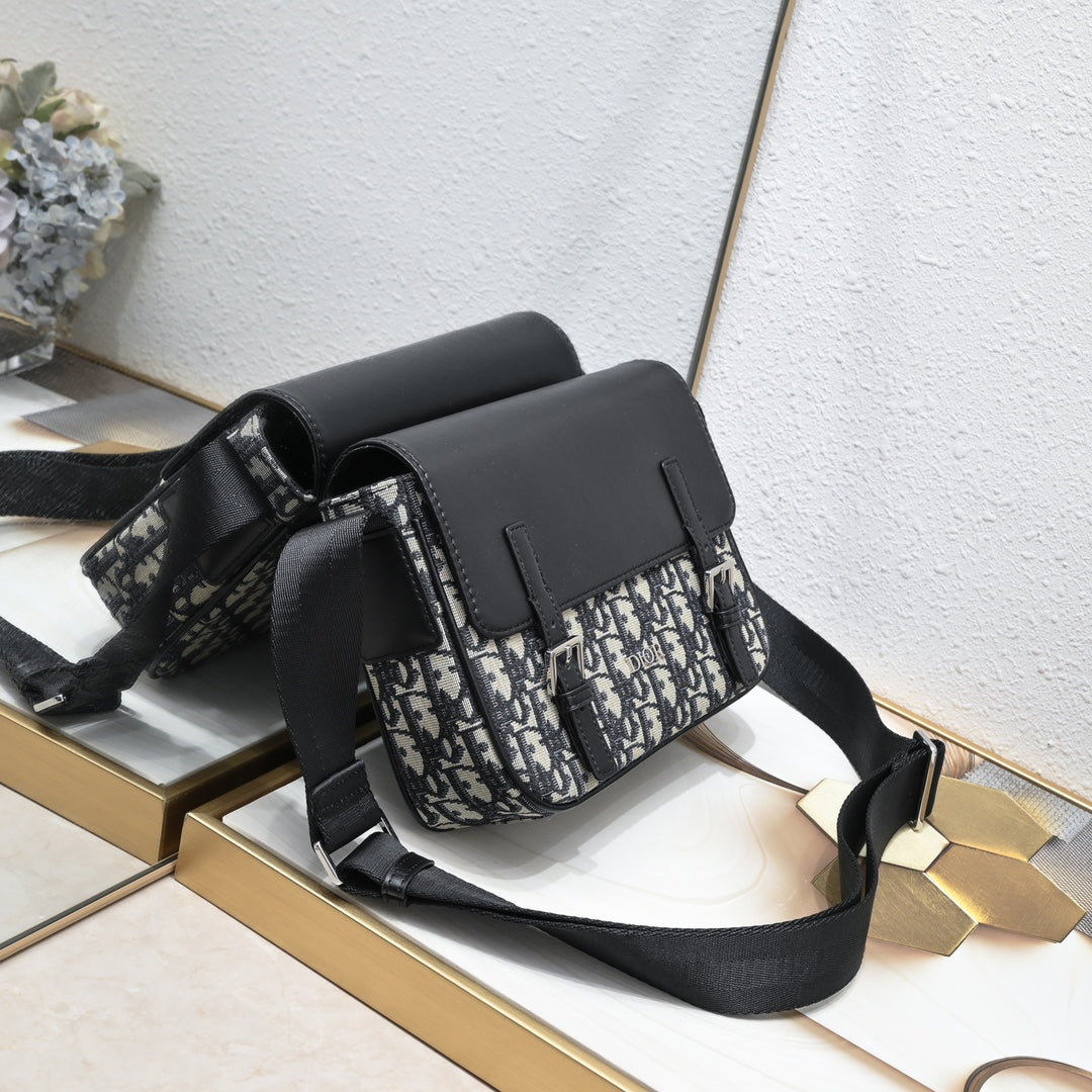 Dior Oblique Men’s Messenger Bag – Black/Gray | Leather Strap Accent | With Box