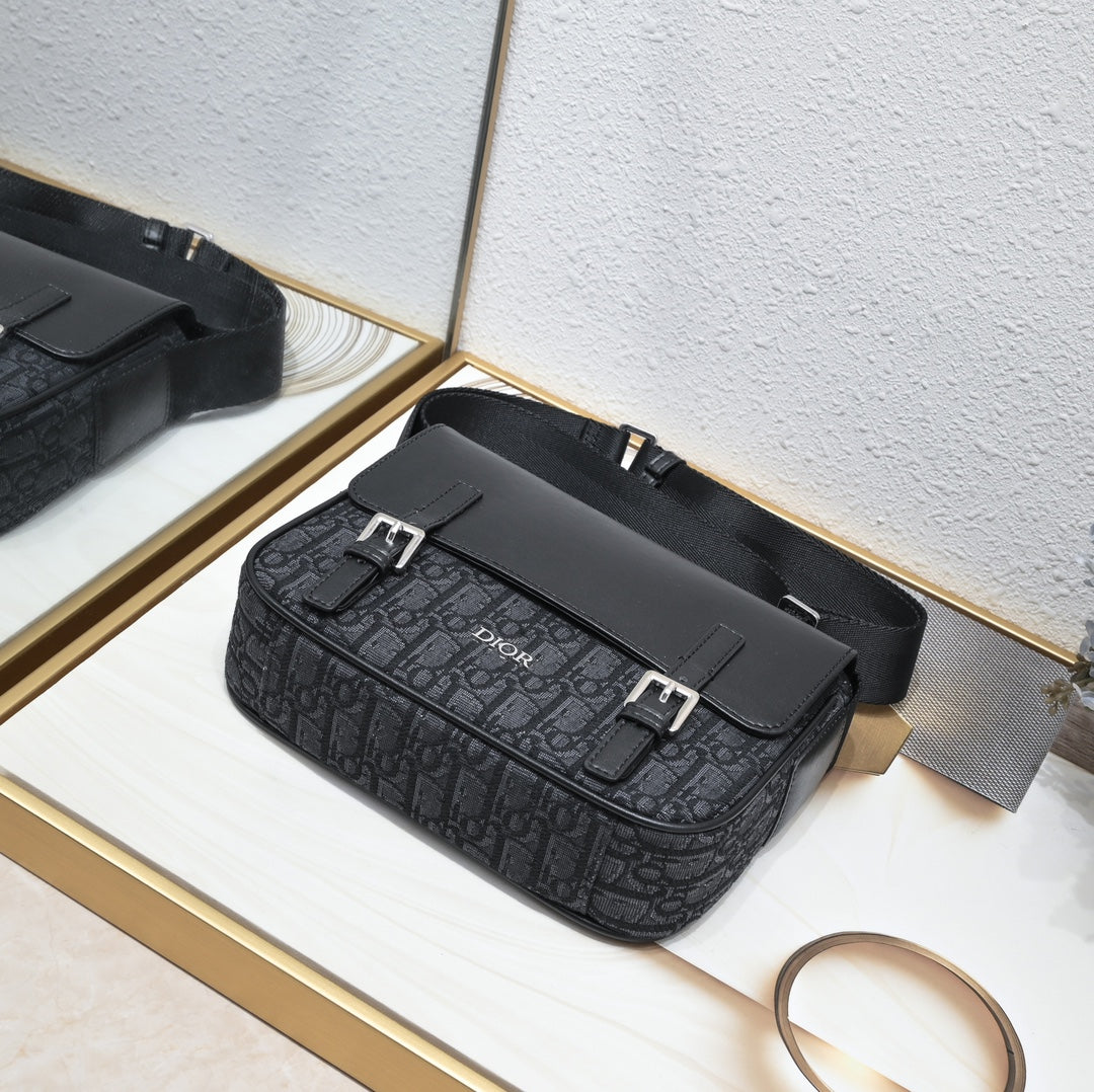 Dior Oblique Men’s Messenger Bag – Black/Gray | Leather Strap Accent | With Box