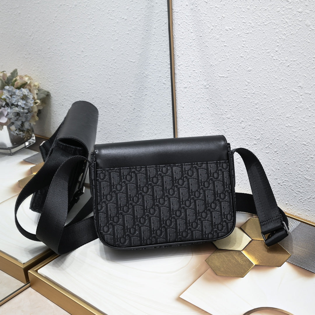 Dior Oblique Men’s Messenger Bag – Black/Gray | Leather Strap Accent | With Box