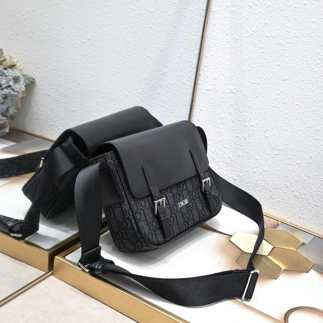 Dior Oblique Men’s Messenger Bag – Black/Gray | Leather Strap Accent | With Box