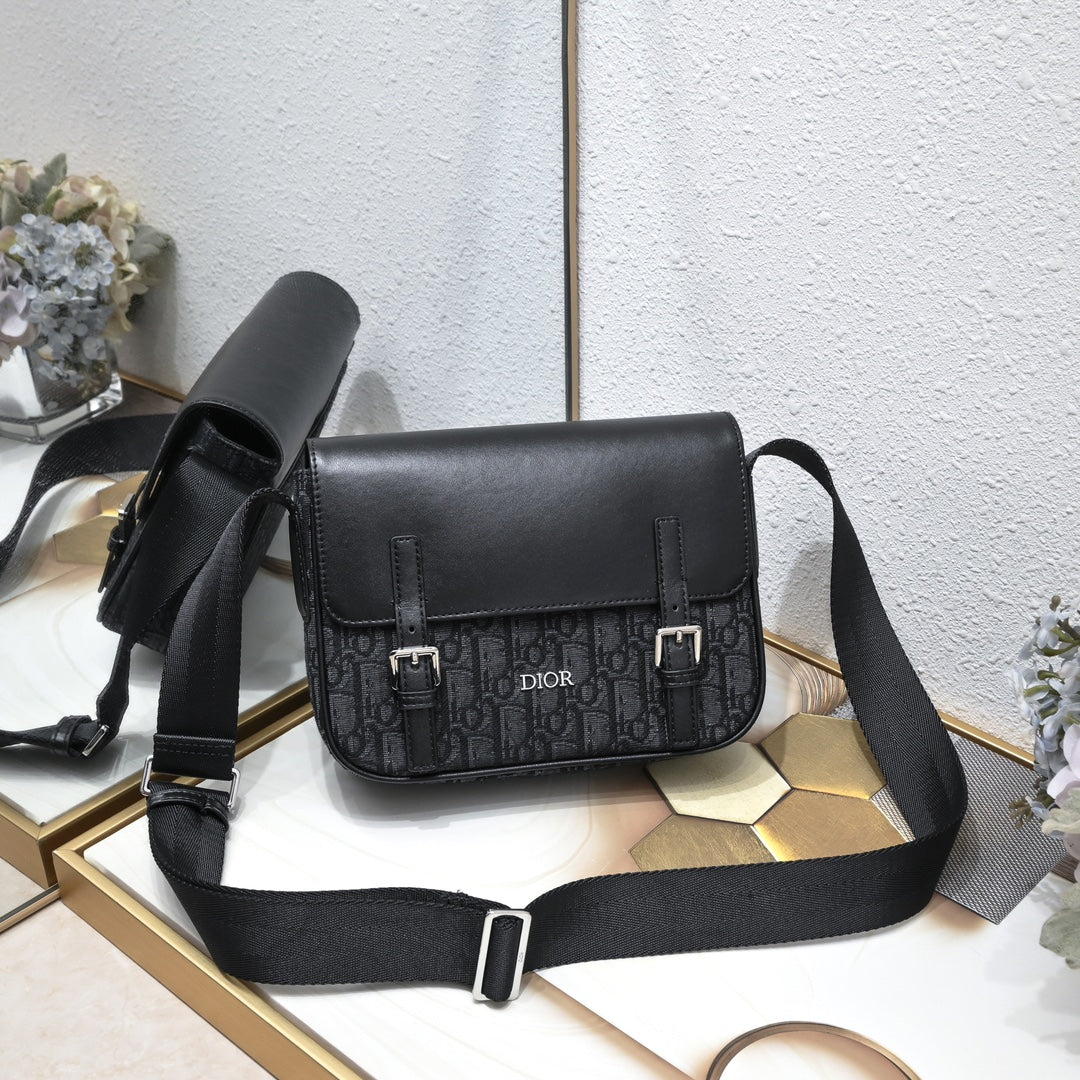 Dior Oblique Men’s Messenger Bag – Black/Gray | Leather Strap Accent | With Box
