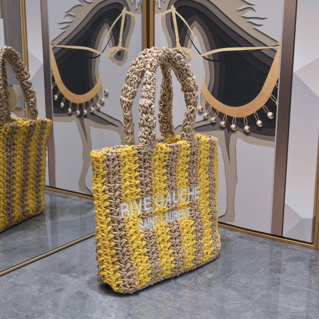 Handwoven Raffia Fiber Mini Colorblock Tote – Style 1845