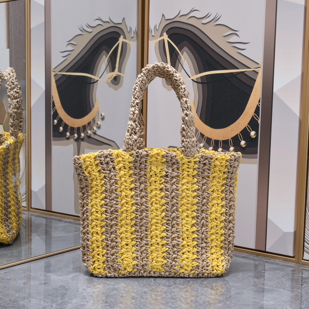 Handwoven Raffia Fiber Mini Colorblock Tote – Style 1845