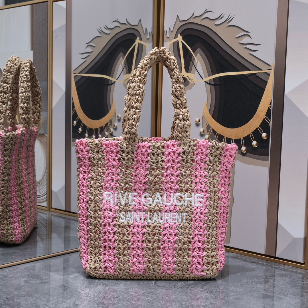 Handwoven Raffia Fiber Mini Colorblock Tote – Style 1845