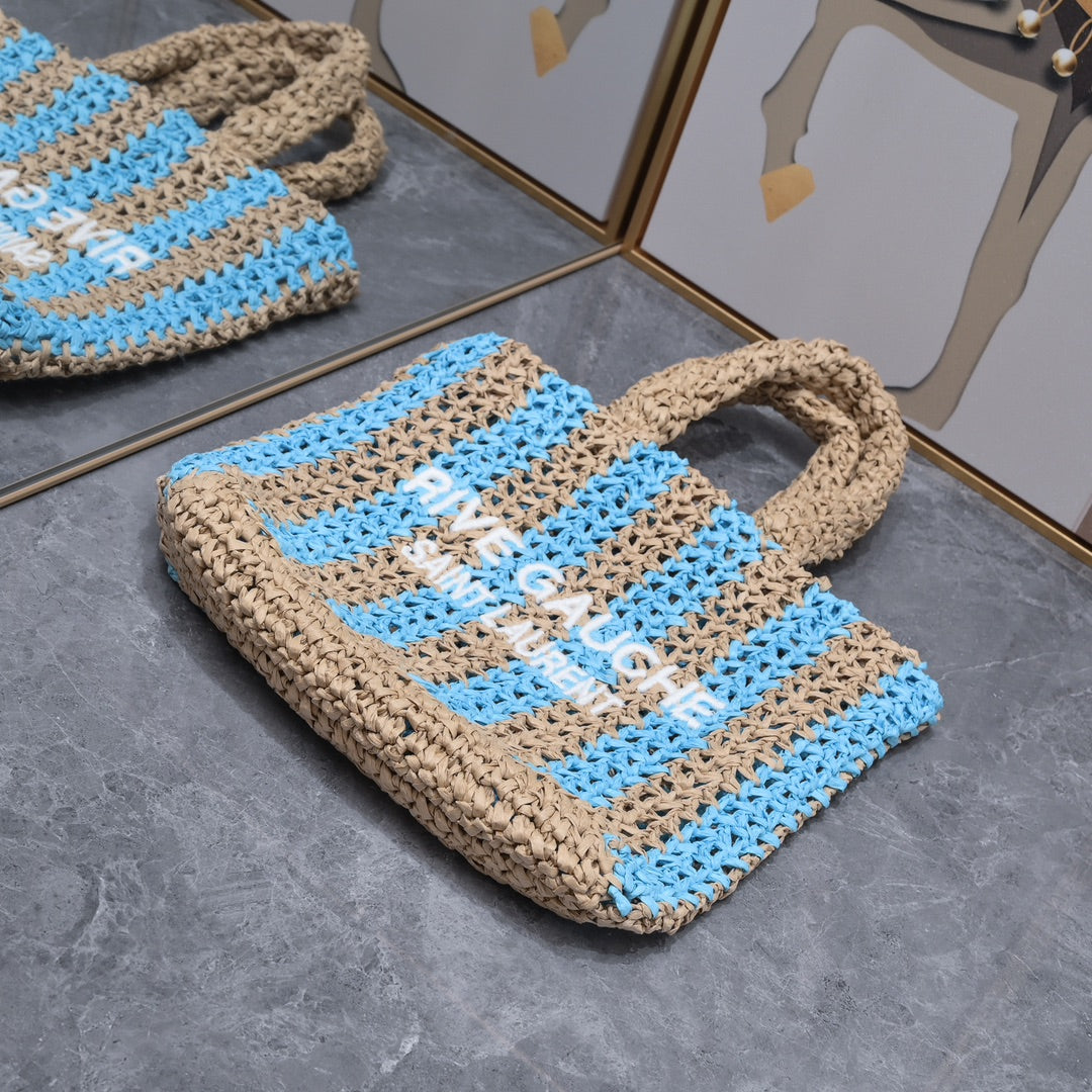 Handwoven Raffia Fiber Mini Colorblock Tote – Style 1845