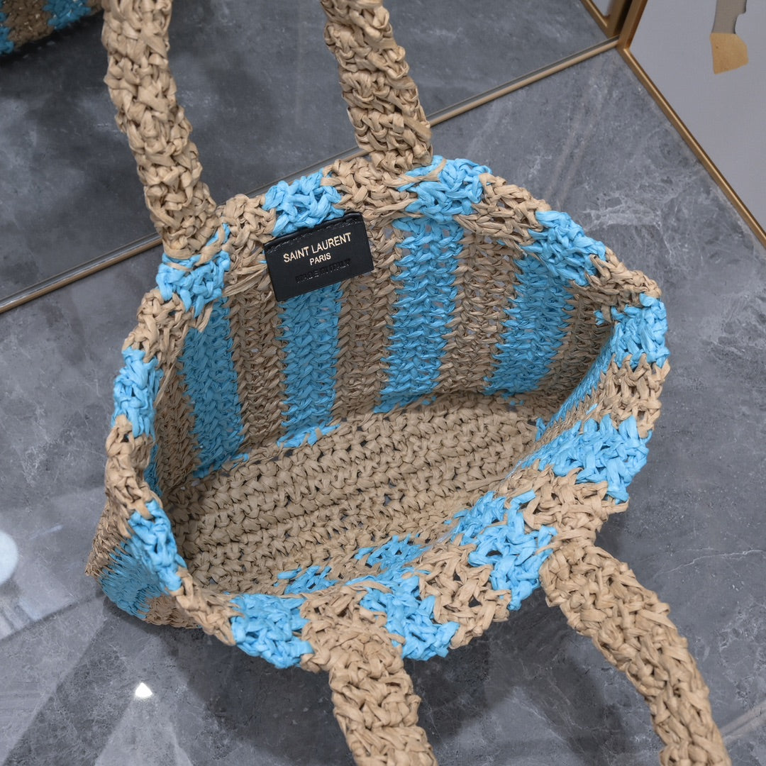 Handwoven Raffia Fiber Mini Colorblock Tote – Style 1845