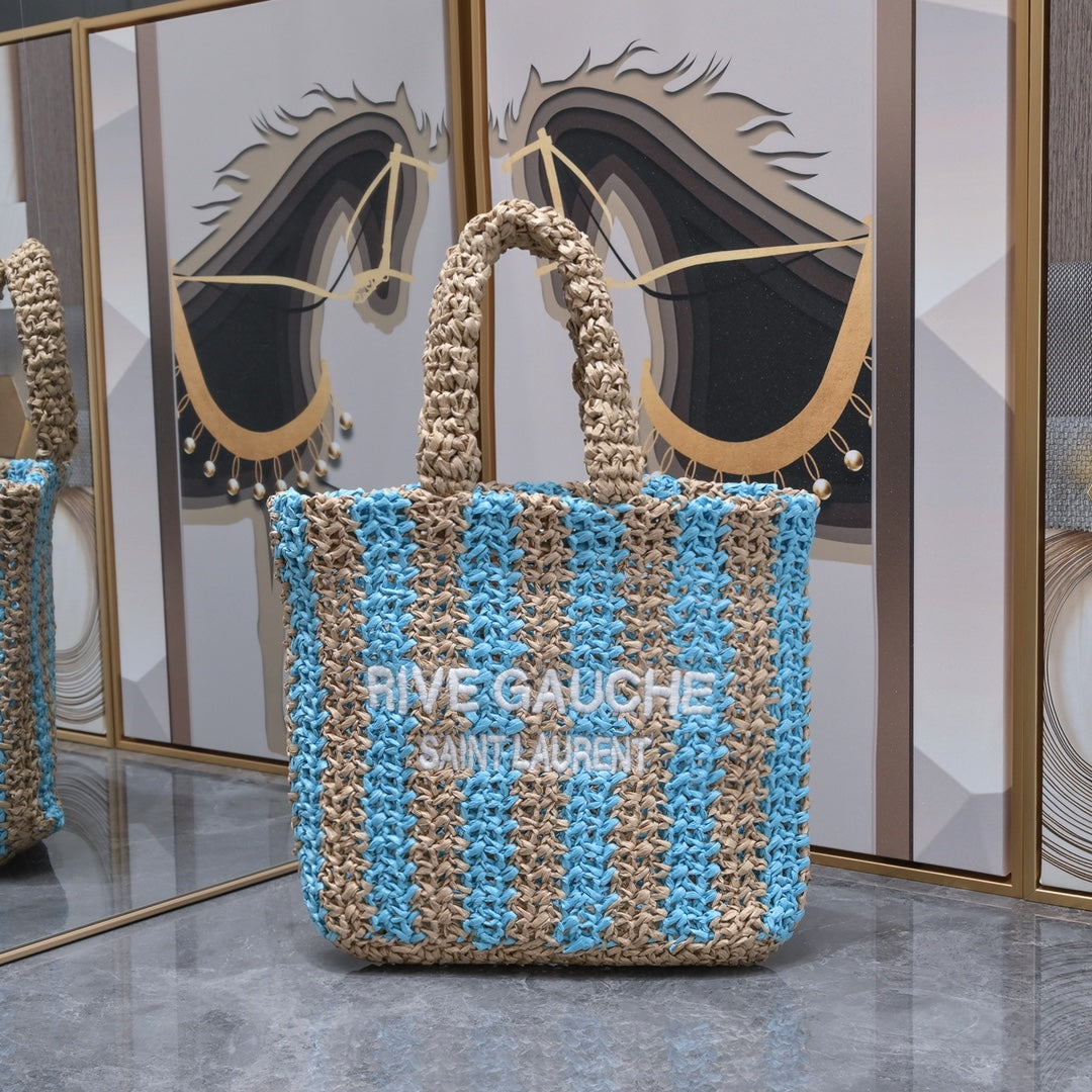 Handwoven Raffia Fiber Mini Colorblock Tote – Style 1845