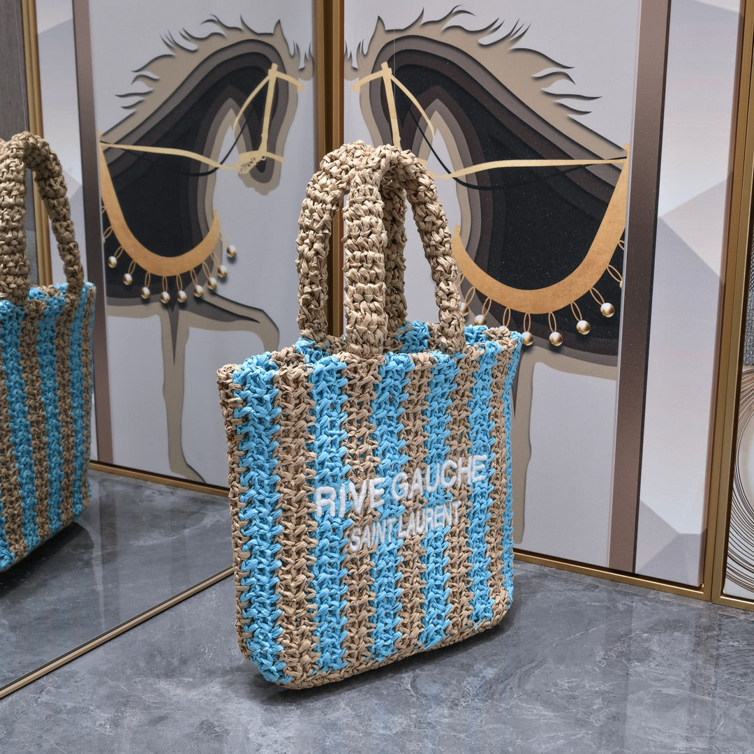 Handwoven Raffia Fiber Mini Colorblock Tote – Style 1845