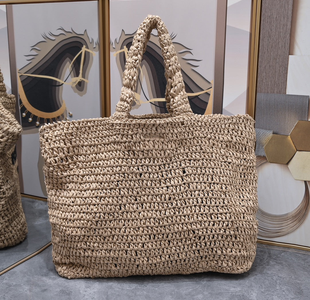 Handwoven Raffia Fiber Large Colorblock Tote – Style 1846