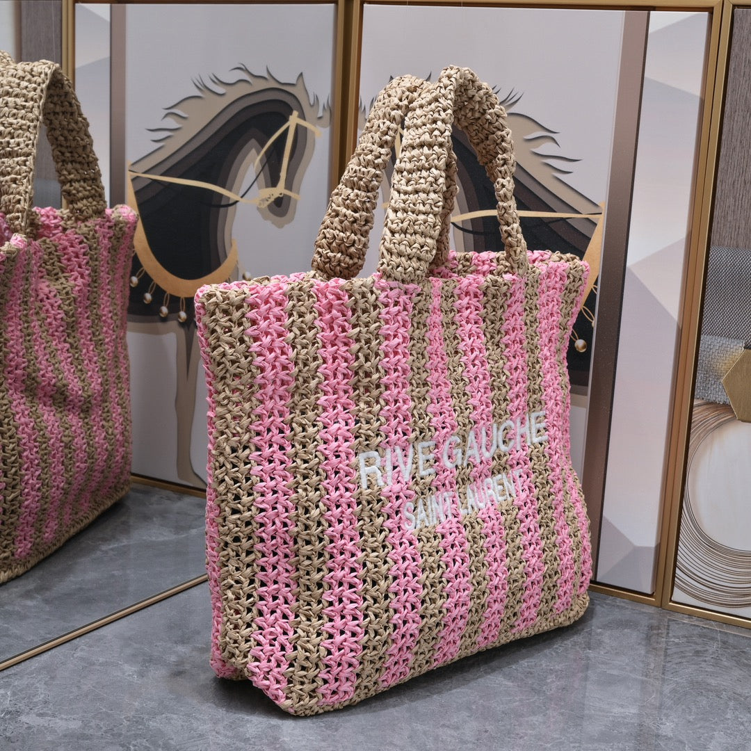 Handwoven Raffia Fiber Large Colorblock Tote – Style 1846