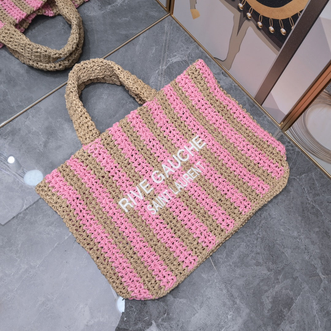 Handwoven Raffia Fiber Large Colorblock Tote – Style 1846