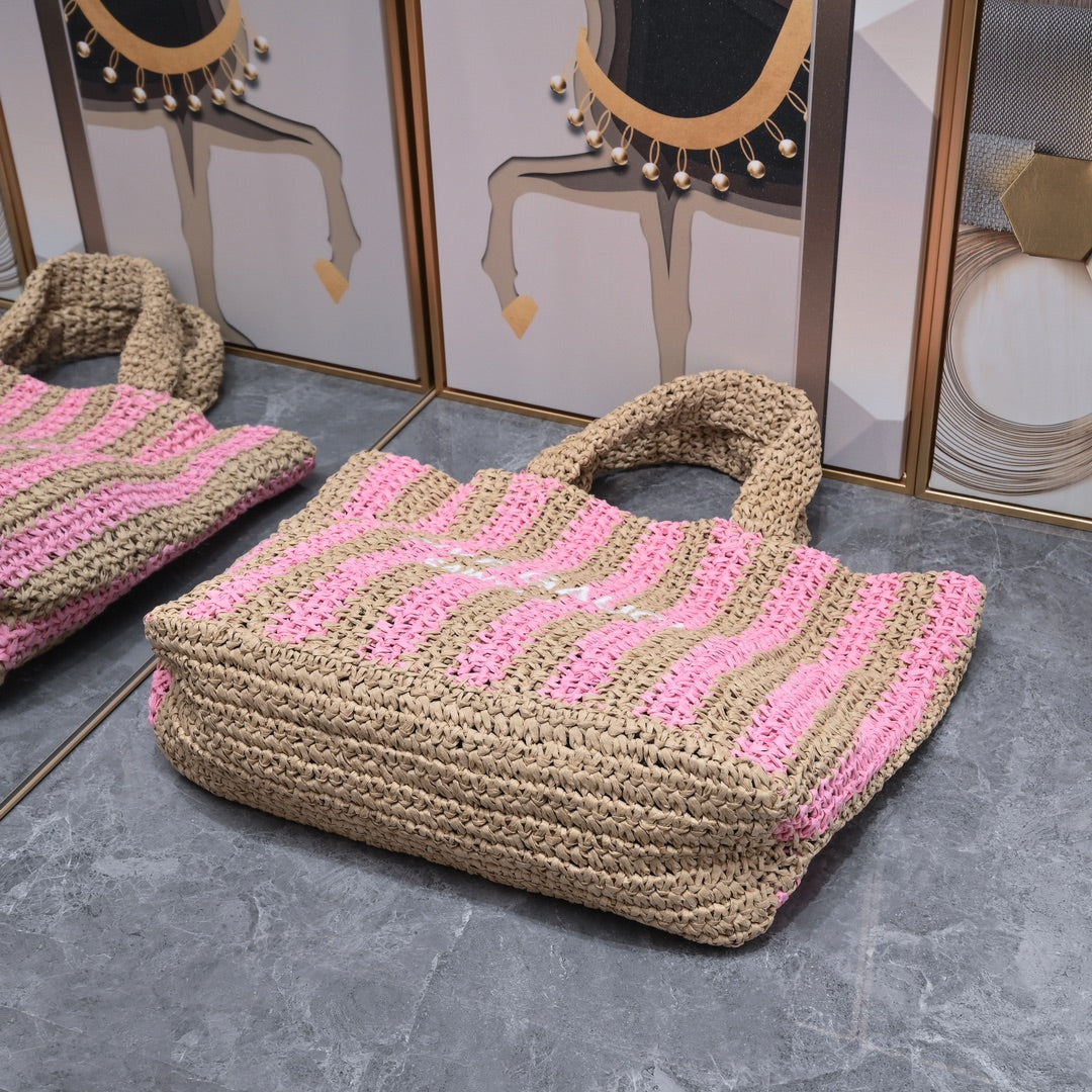 Handwoven Raffia Fiber Large Colorblock Tote – Style 1846