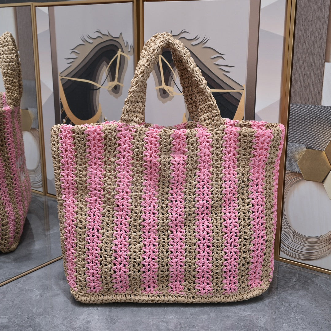Handwoven Raffia Fiber Large Colorblock Tote – Style 1846