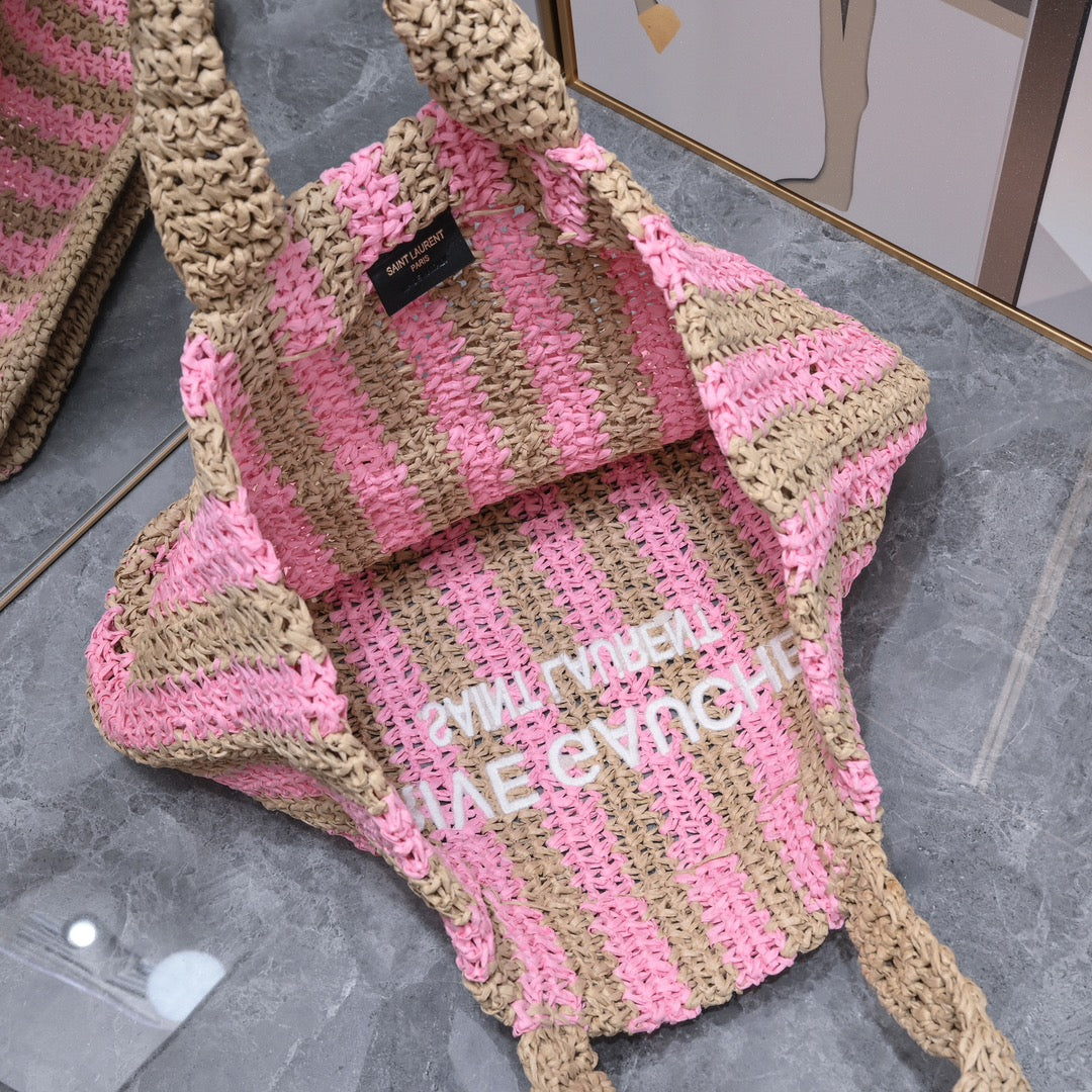 Handwoven Raffia Fiber Large Colorblock Tote – Style 1846