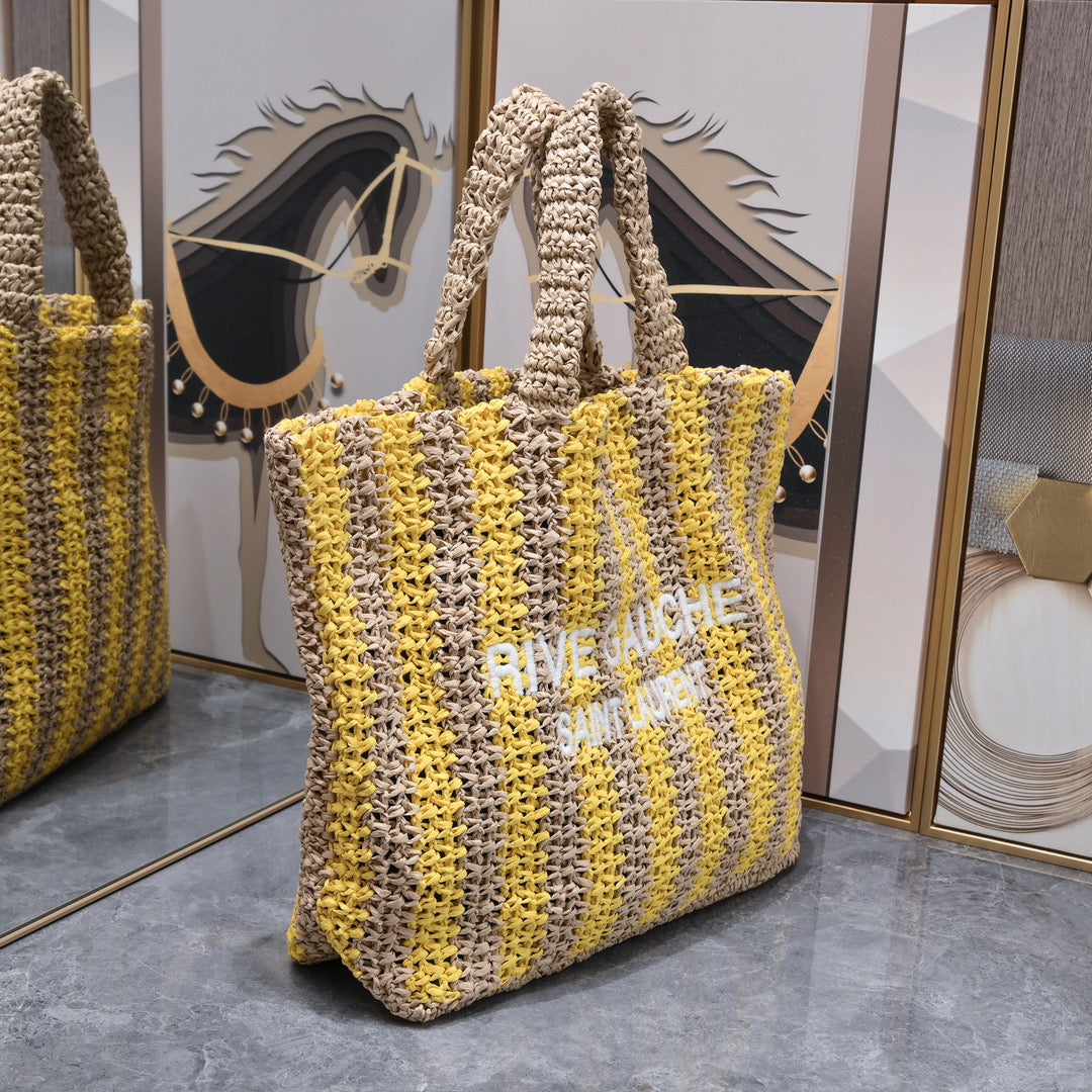 Handwoven Raffia Fiber Large Colorblock Tote – Style 1846