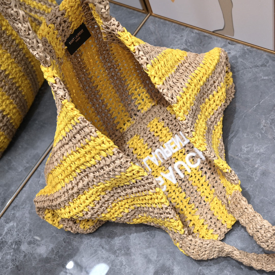 Handwoven Raffia Fiber Large Colorblock Tote – Style 1846