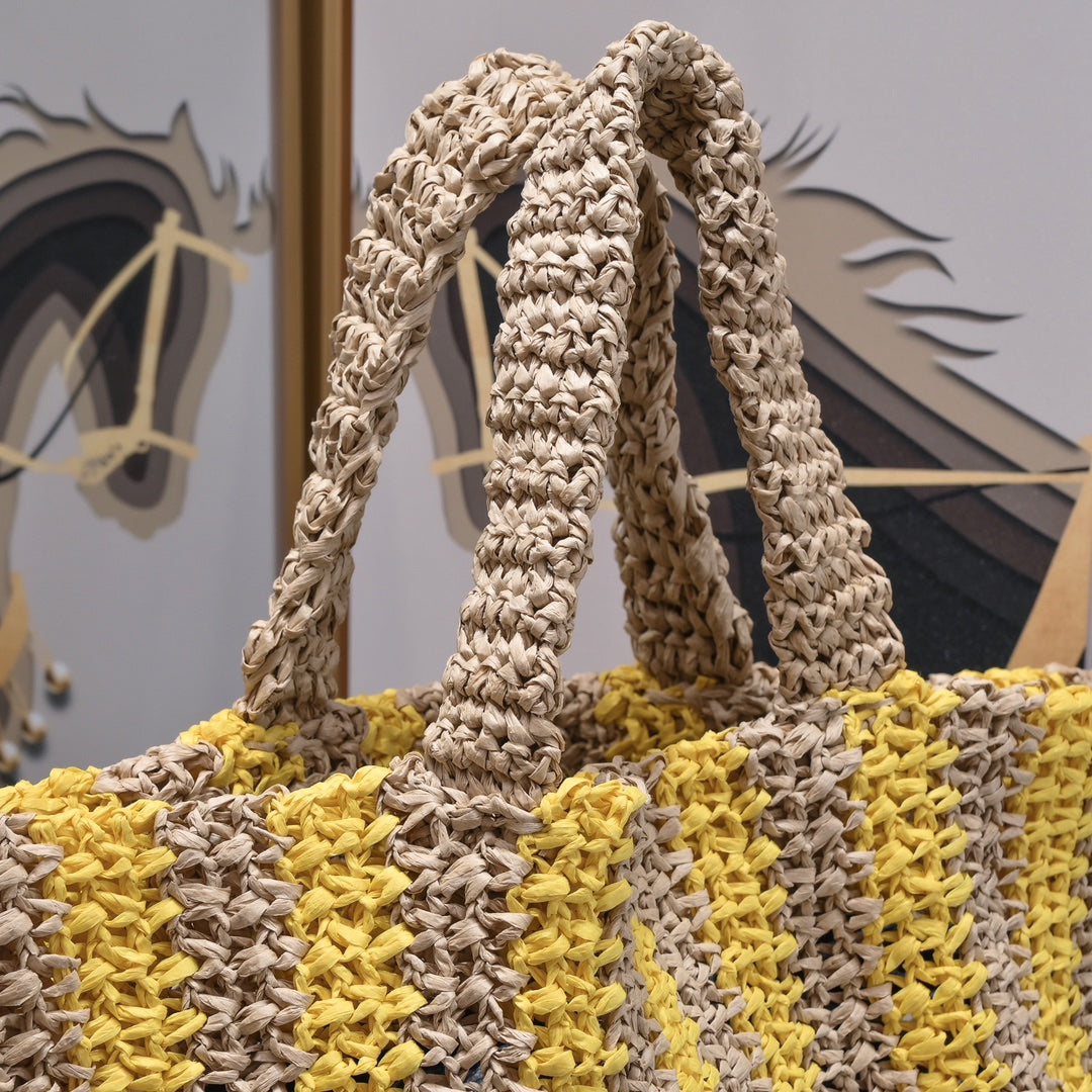 Handwoven Raffia Fiber Large Colorblock Tote – Style 1846