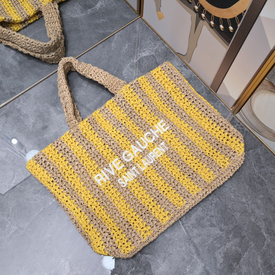 Handwoven Raffia Fiber Large Colorblock Tote – Style 1846