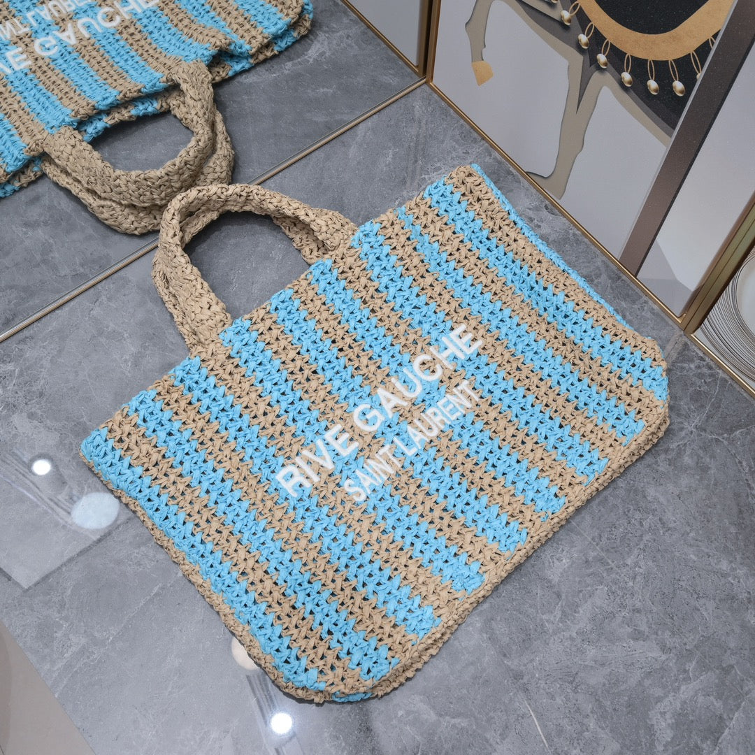 Handwoven Raffia Fiber Large Colorblock Tote – Style 1846