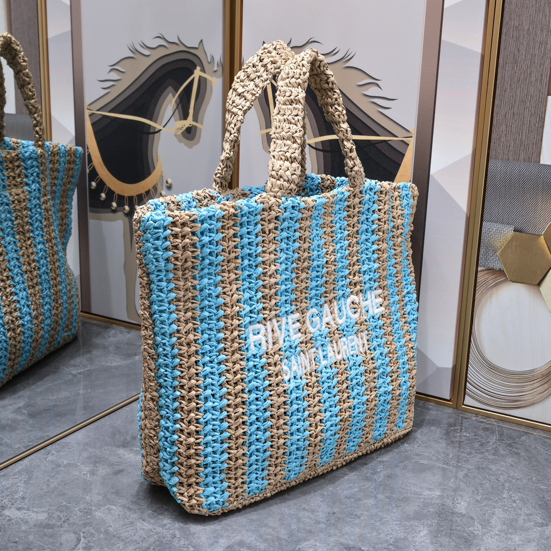 Handwoven Raffia Fiber Large Colorblock Tote – Style 1846