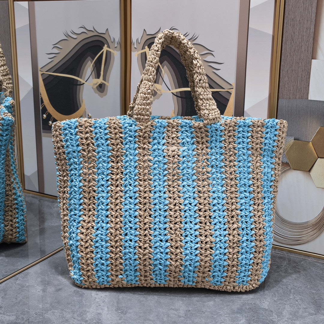 Handwoven Raffia Fiber Large Colorblock Tote – Style 1846