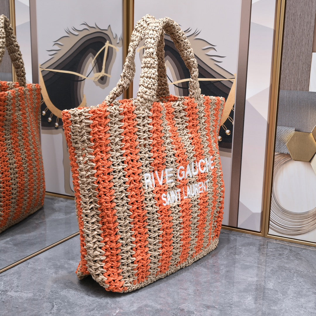Handwoven Raffia Fiber Large Colorblock Tote – Style 1846