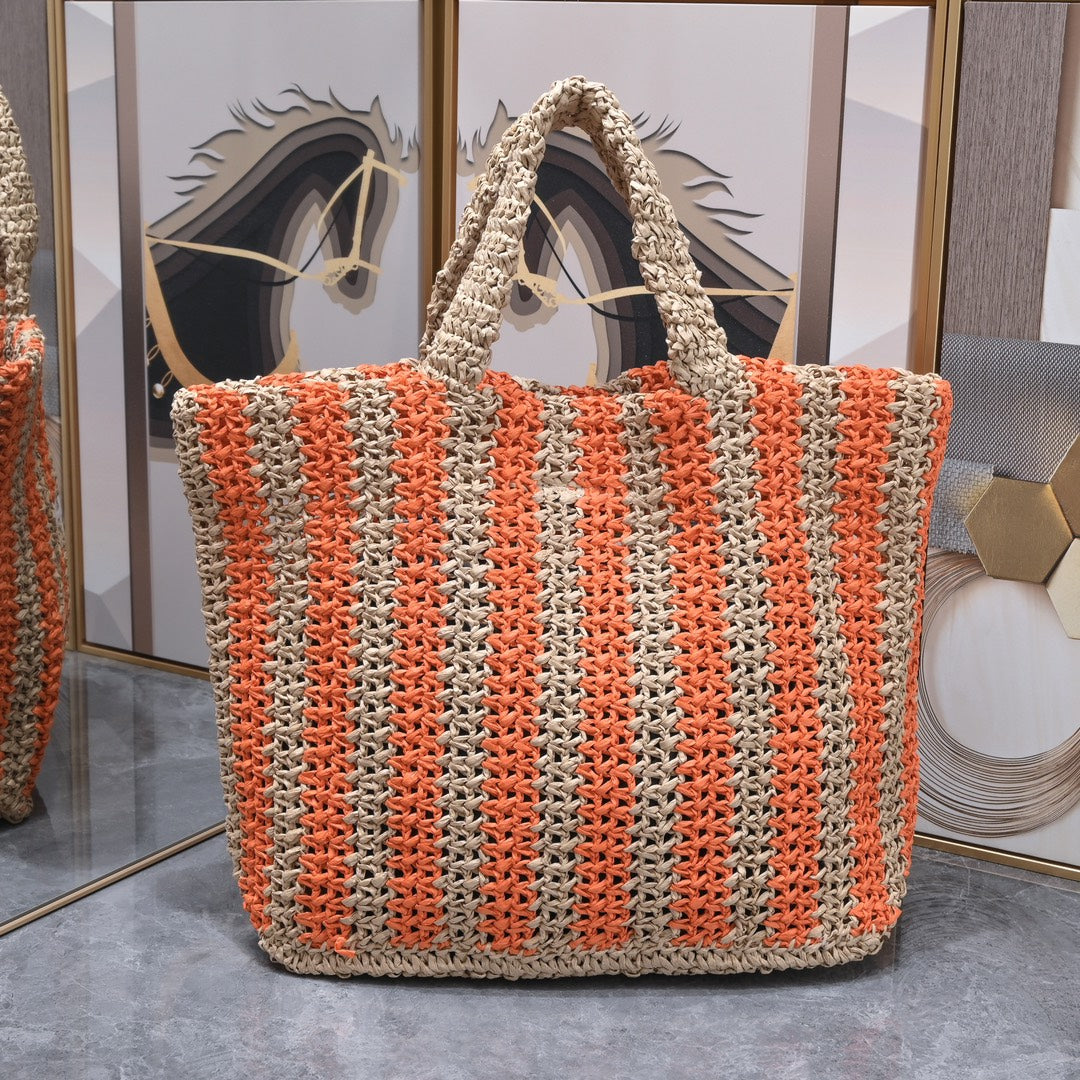 Handwoven Raffia Fiber Large Colorblock Tote – Style 1846