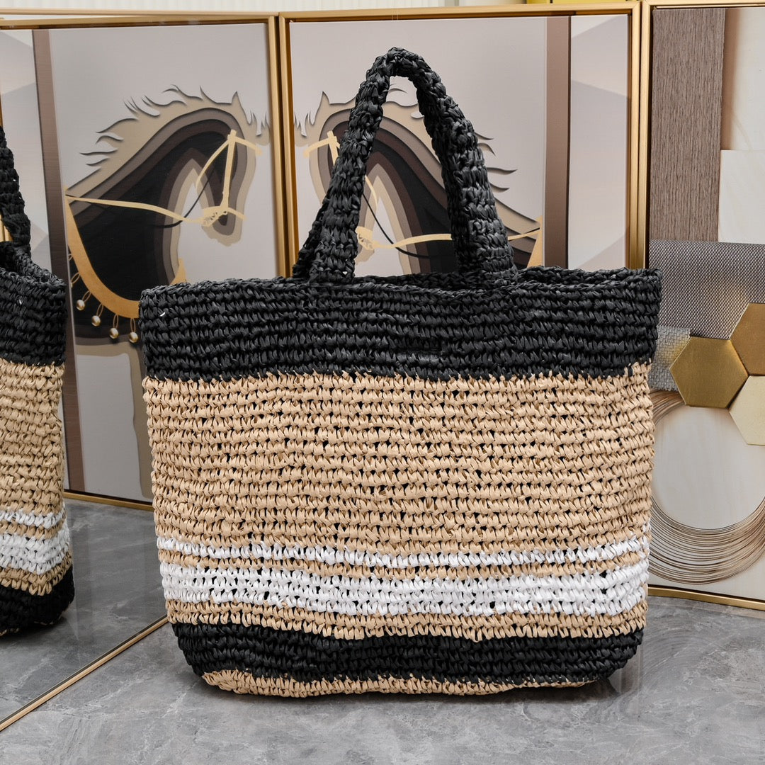Handwoven Raffia Fiber Large Colorblock Tote – Style 1846