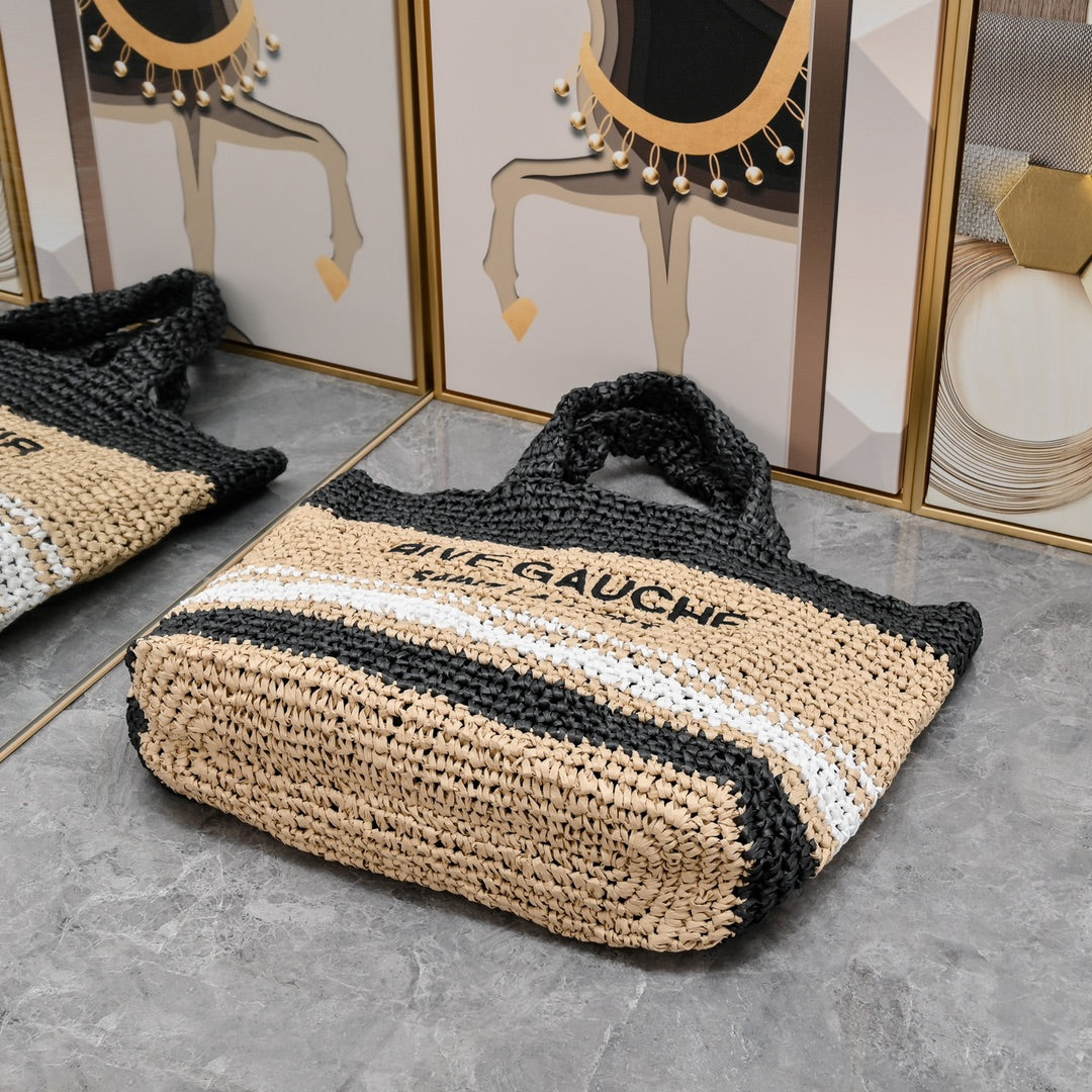 Handwoven Raffia Fiber Large Colorblock Tote – Style 1846