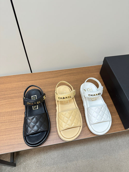 CHANEL Quilted Letter Sandals – Soft & Stylish