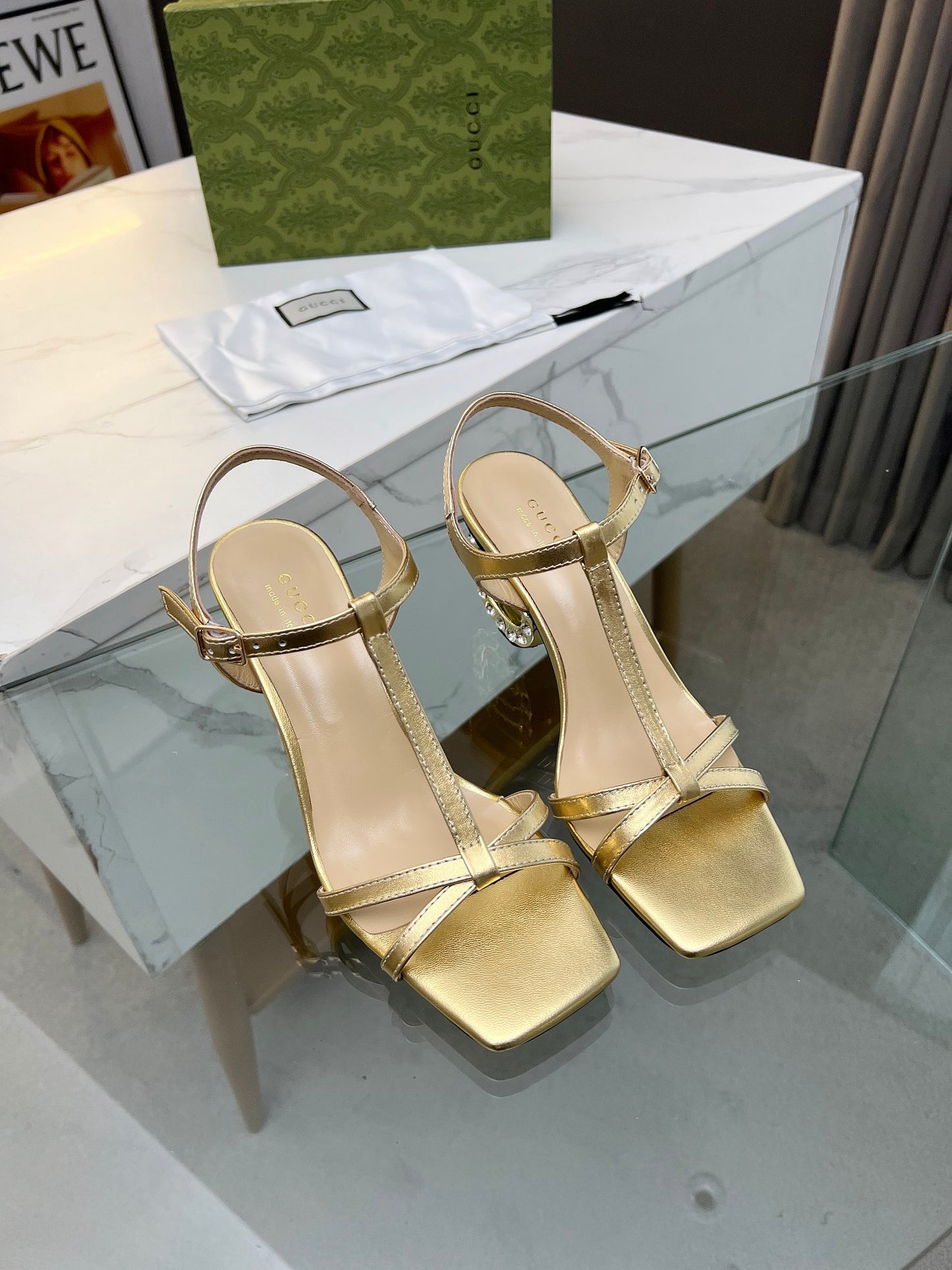 2024 Gucci-Inspired Cowhide Thick Heel with Rhinestone Detail – 6.5cm