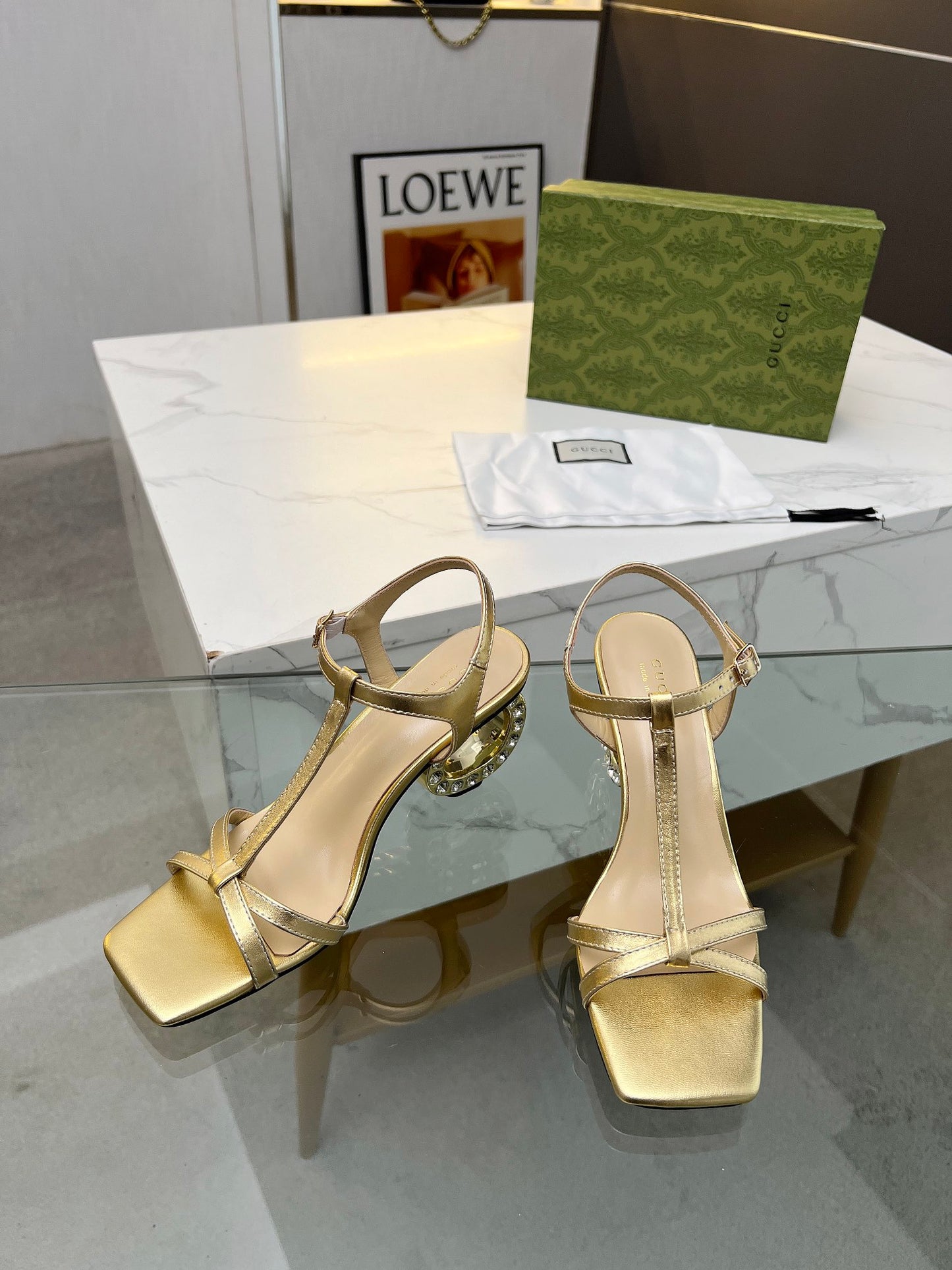 2024 Gucci-Inspired Cowhide Thick Heel with Rhinestone Detail – 6.5cm