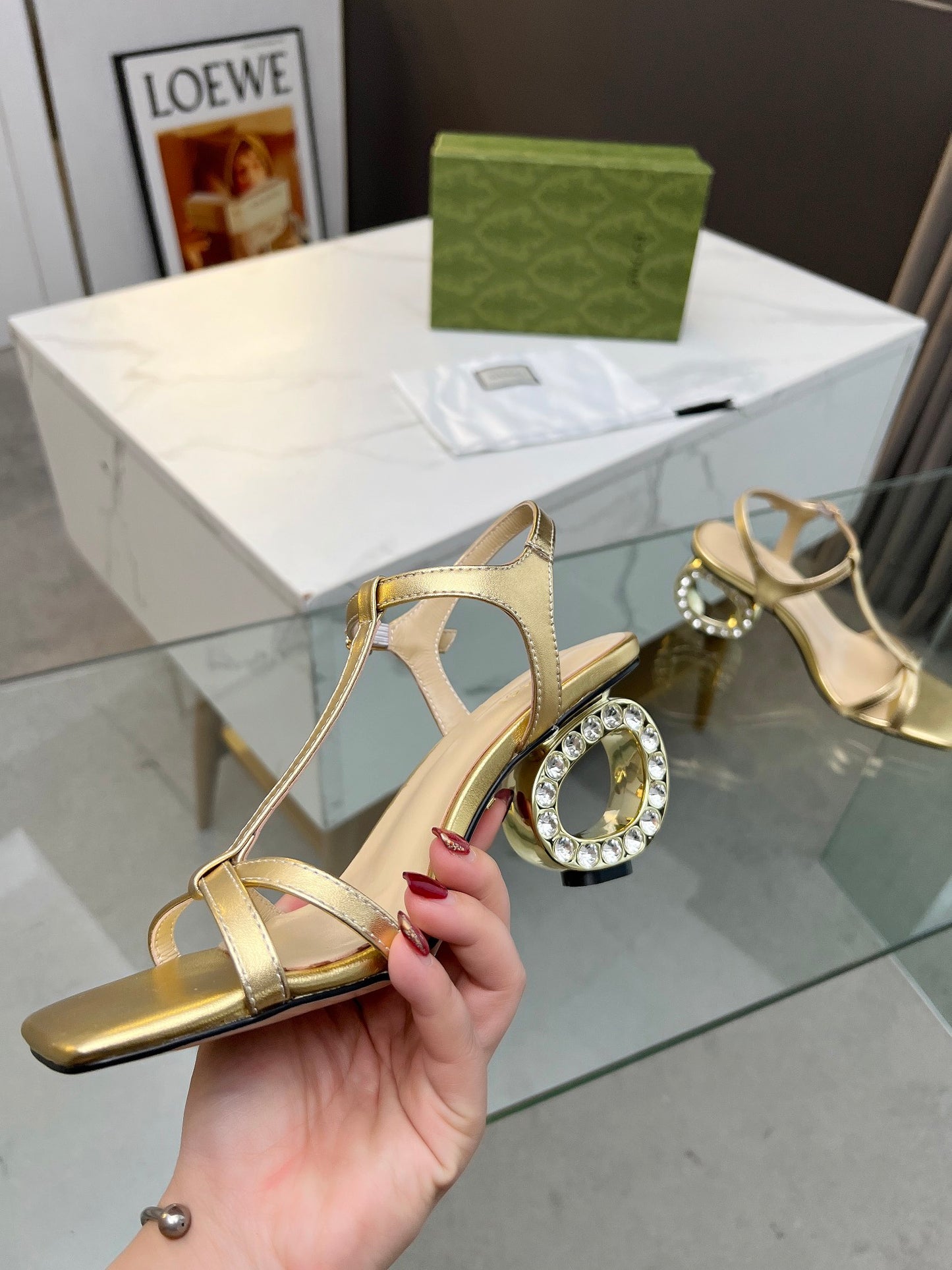 2024 Gucci-Inspired Cowhide Thick Heel with Rhinestone Detail – 6.5cm