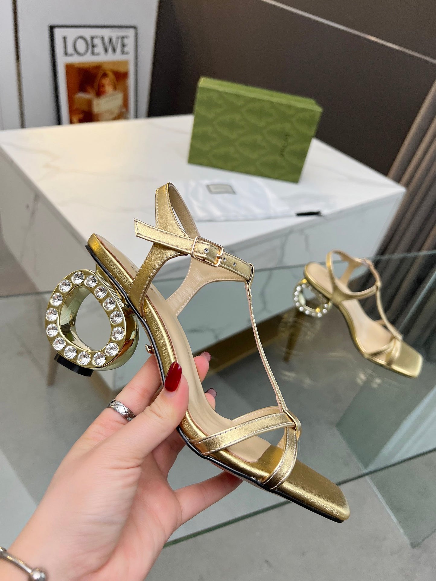 2024 Gucci-Inspired Cowhide Thick Heel with Rhinestone Detail – 6.5cm