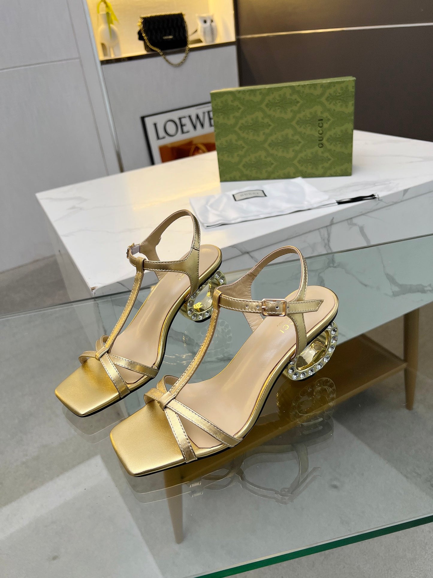 2024 Gucci-Inspired Cowhide Thick Heel with Rhinestone Detail – 6.5cm