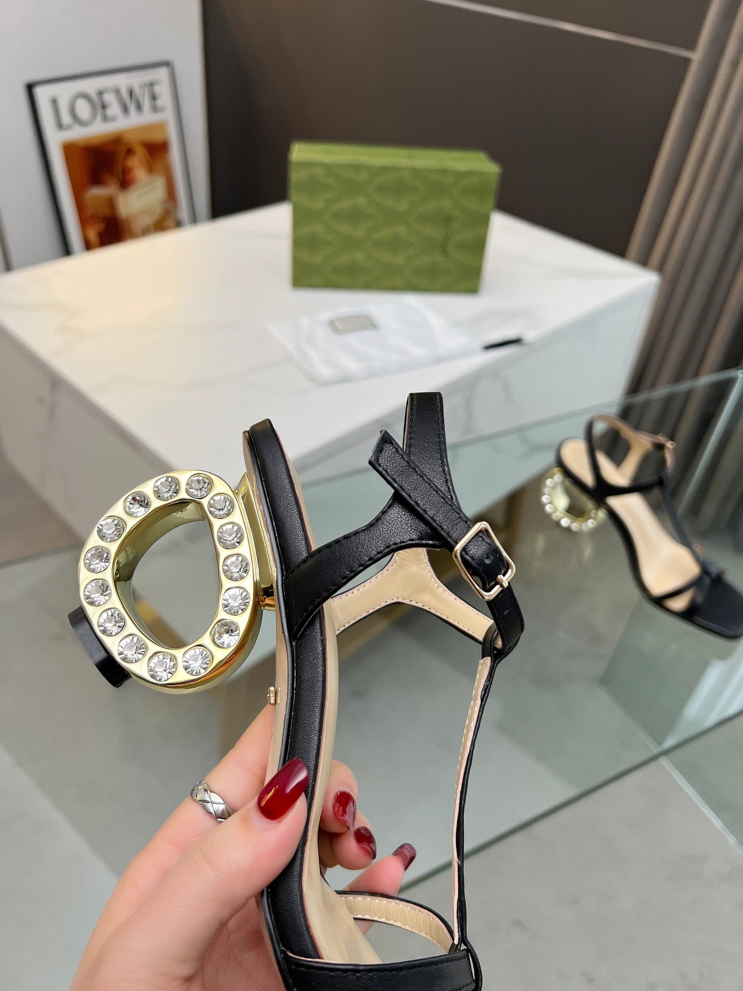 2024 Gucci-Inspired Cowhide Thick Heel with Rhinestone Detail – 6.5cm