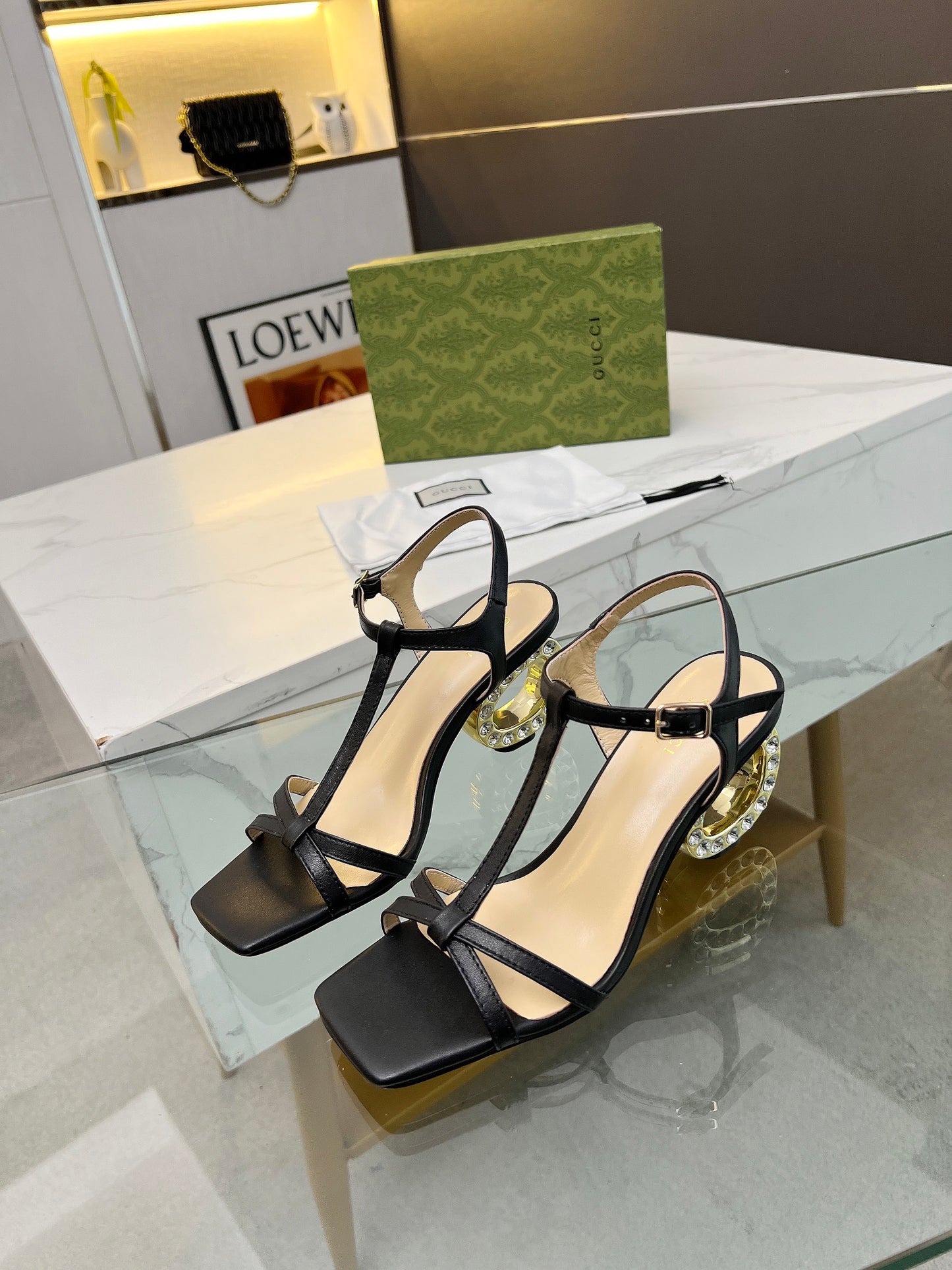 2024 Gucci-Inspired Cowhide Thick Heel with Rhinestone Detail – 6.5cm